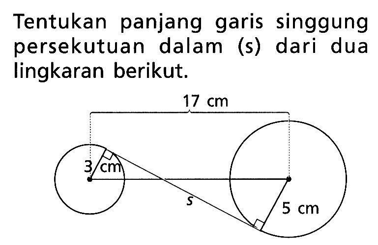 Tentukan panjang garis singgung persekutuan dalam (s) dari dua lingkaran berikut.