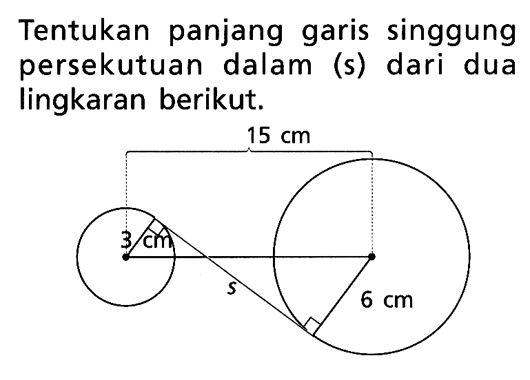 Tentukan panjang garis singgung persekutuan dalam (s) dari dua lingkaran berikut.Gambar: Panjang jari-jari lingkaran 1 = 3 cm, panjang jari-jari lingkaran 2 = 6 cm, jarak sudut pusat kedua lingkaran = 15 cm.