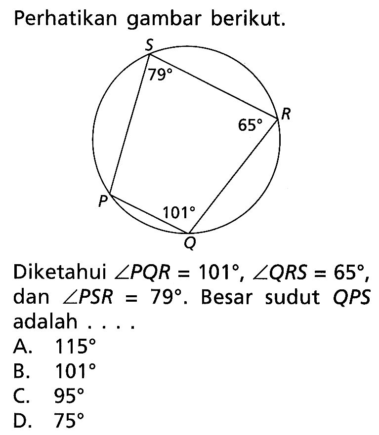 Perhatikan gambar berikut.Diketahui sudut PQR=101, sudut QRS=65, dan sudut PSR=79. Besar sudut QPS adalah ....