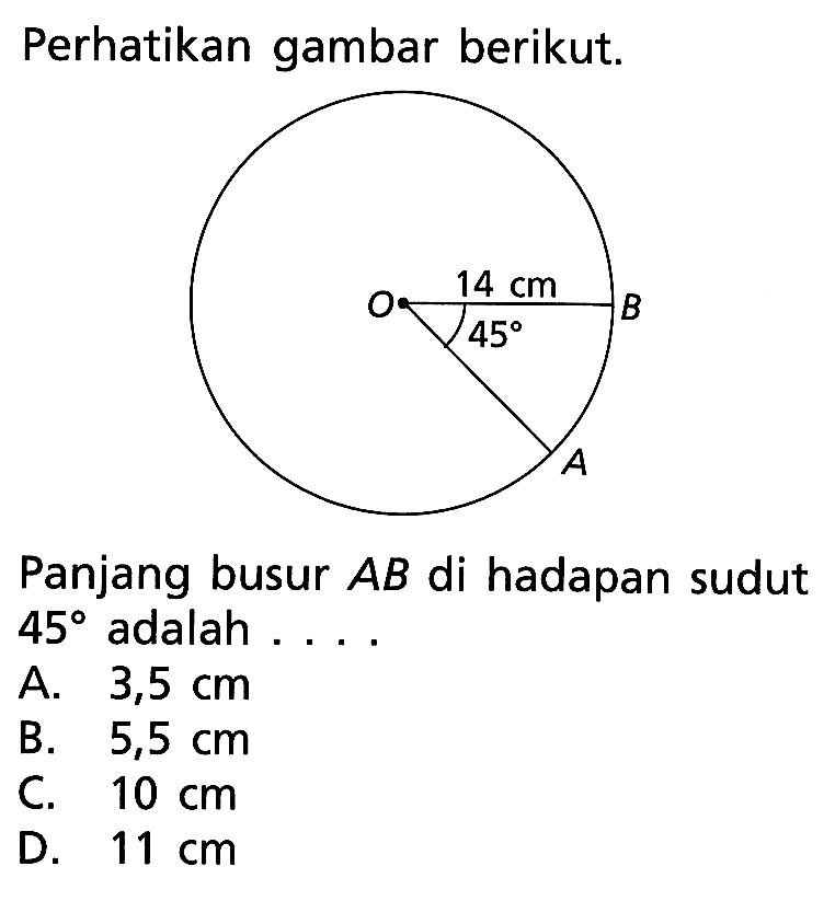 Perhatikan gambar berikut. 14 cm 45 Panjang busur AB di hadapan sudut 45 adalah ....