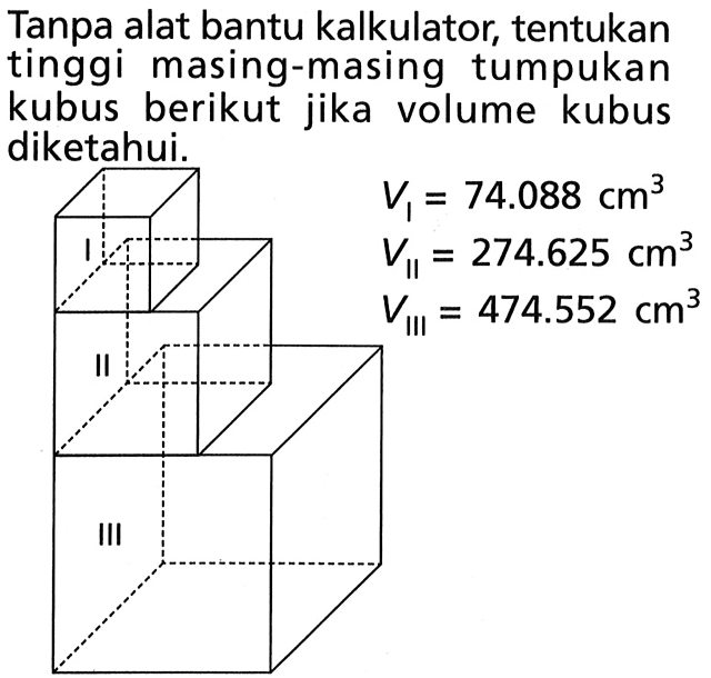 Tanpa alat bantu kalkulator, tentukan tinggi masing-masing tumpukan kubus berikut jika volume kubus diketahui. VI=74.088 cm^3 VII=274.625 cm^3 VIII=474.552 cm^3 I II III