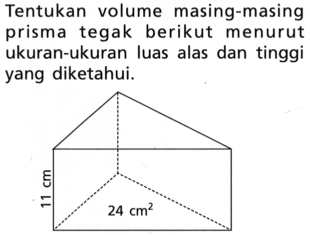 Tentukan volume masing-masing prisma tegak berikut menurut ukuran-ukuran luas alas dan tinggi yang diketahui. 11 cm 24 cm^2