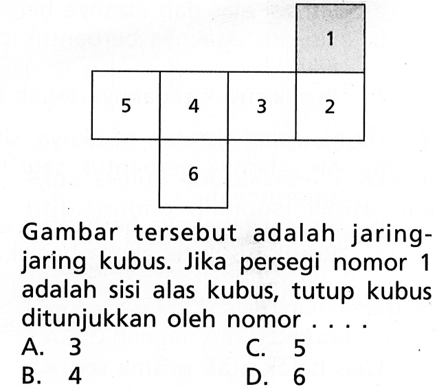 1 2 3 4 5 6 Gambar tersebut adalah jaring jaring kubus. Jika persegi nomor 1 adalah sisi alas kubus, tutup kubus ditunjukkan oleh nomor... A. 3 B. 4 C. 5 D. 6