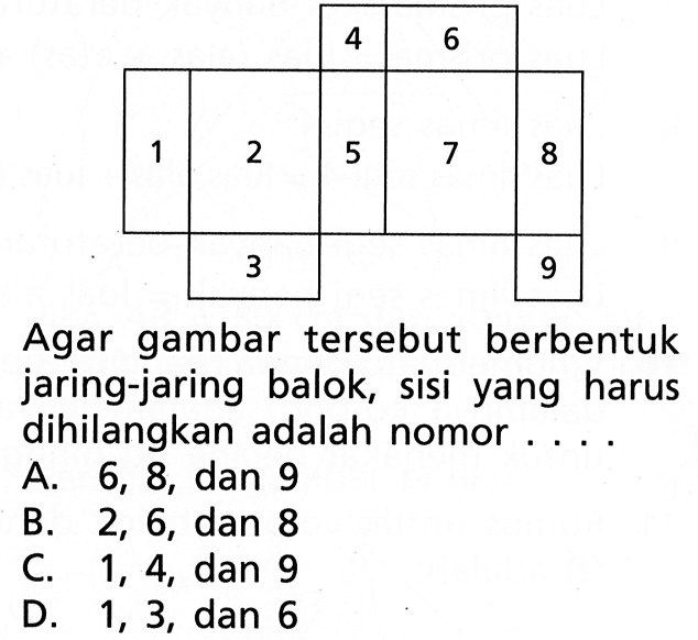 Agar gambar tersebut berbentuk jaring-jaring balok, sisi yang harus dihilangkan adalah nomor .... 1 2 3 4 5 6 7 8