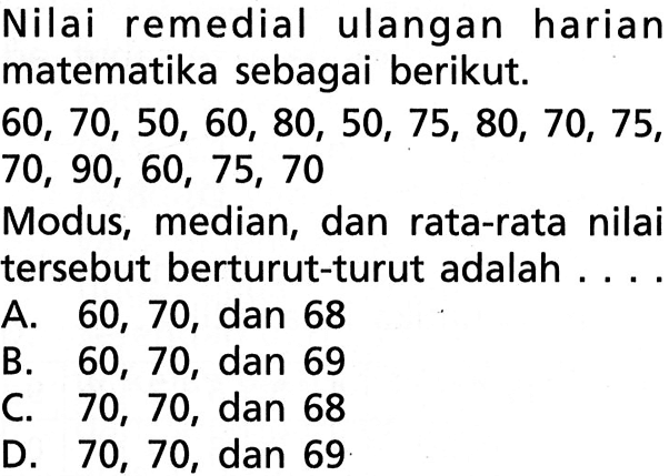 Nilai remedial ulangan harian matematika sebagai berikut. 60,70,50,60,80,50,75,80,70,75,70,90,60,75,70 Modus, median, dan rata-rata nilai tersebut berturut-turut adalah .... 