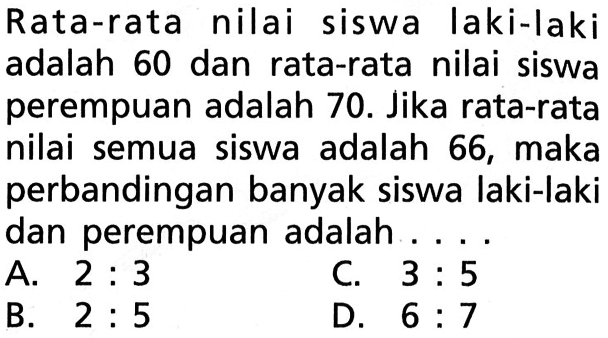 Rata-rata nilai siswa laki-laki adalah 60 dan rata-rata nilai siswa perempuan adalah 70. Jika rata-rata nilai semua siswa adalah 66, maka perbandingan banyak siswa laki-laki dan perempuan adalah .... 