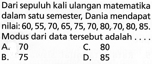 Dari sepuluh kali ulangan matematika dalam satu semester, Dania mendapat nilai: 60,55,70,65,75,70,80,70,80,85. Modus dari data tersebut adalah ...