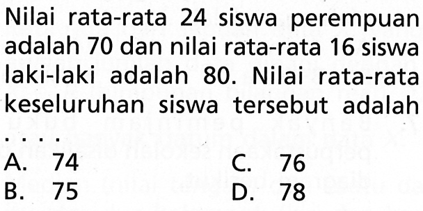 Nilai rata-rata 24 siswa perempuan adalah 70 dan nilai rata-rata 16 siswa laki-laki adalah 80. Nilai rata-rata keseluruhan siswa tersebut adalah ....