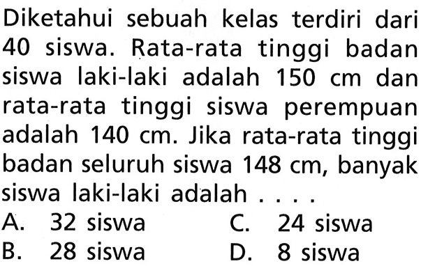 Diketahui sebuah kelas terdiri dari 40 siswa. Rata-rata tinggi badan siswa laki-laki adalah 150 cm dan rata-rata tinggi siswa perempuan adalah 140 cm. Jika rata-rata tinggi badan seluruh siswa 148 cm, banyak siswa laki-laki adalah ....