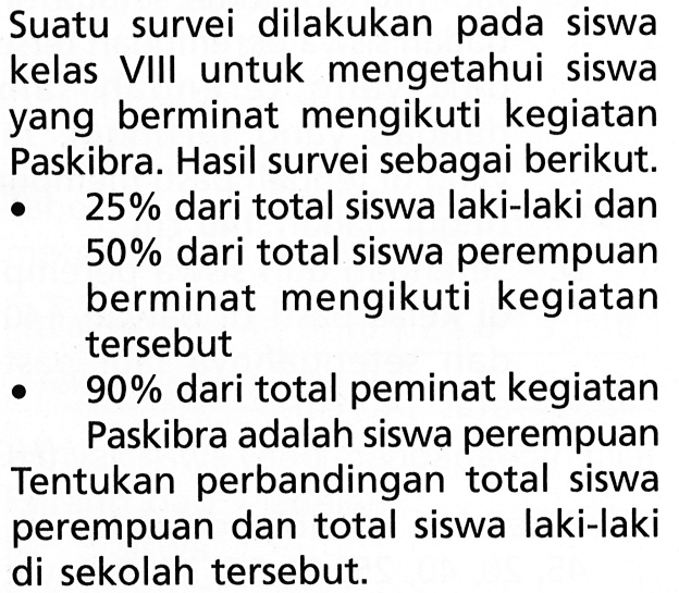 Suatu survei dilakukan pada siswa kelas VIII untuk mengetahui siswa yang berminat mengikuti kegiatan Paskibra. Hasil survei sebagai berikut. 25% dari total siswa laki-laki dan 50% dari total siswa perempuan berminat mengikuti kegiatan tersebut 90% dari total peminat kegiatan Paskibra adalah siswa perempuan Tentukan perbandingan total siswa perempuan dan total siswa laki-laki di sekolah tersebut.