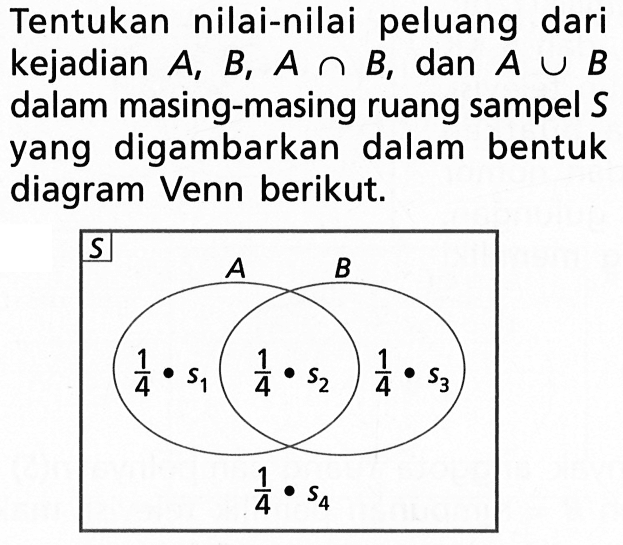 Tentukan nilai-nilai peluang dari kejadian A, B, A n B, dan A U B dalam masing-masing ruang sampel S yang digambarkan dalam bentuk diagram Venn berikut.