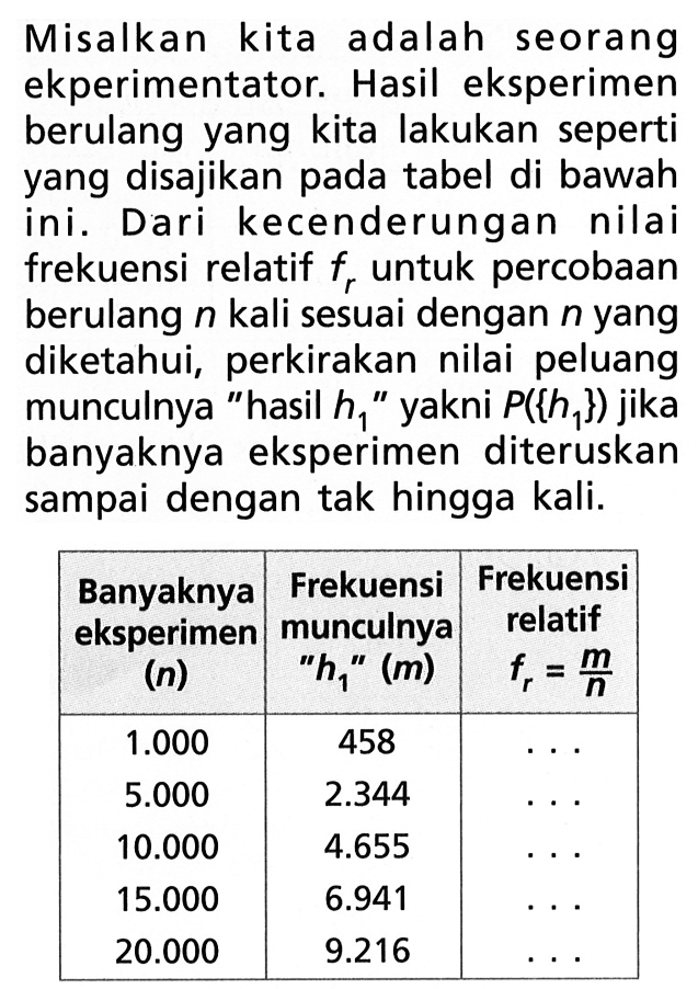 Misalkan kita adalah seorang ekperimentator. Hasil eksperimen berulang yang kita lakukan seperti yang disajikan pada tabel di bawah ini. Dari kecenderungan nilai frekuensi relatif  fr  untuk percobaan berulang  n  kali sesuai dengan  n  yang diketahui, perkirakan nilai peluang munculnya 'hasil  h1''  yakni  P({h1})  jika banyaknya eksperimen diteruskan sampai dengan tak hingga kali.Banyaknya eksperimen  (n)   Frekuensi munculnya 'h1' (m)Frekuensi relatif  fr=m/n  1.000    458    5.000    2.344  10.000  4.655  15.000  6.941   20.000  9.216 