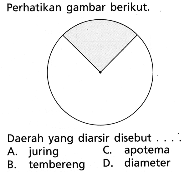 Perhatikan gambar berikut. Daerah yang diarsir disebut .... A. juring 
B. tembereng 
C. apotema 
D. diameter