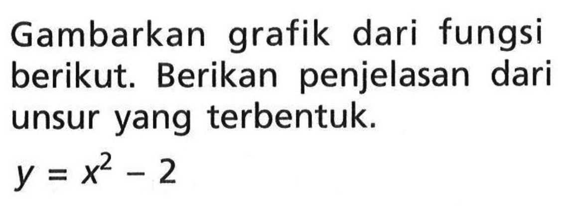 Gambarkan grafik dari fungsi berikut. Berikan penjelasan dari unsur yang terbentuk. y = x^2 - 2