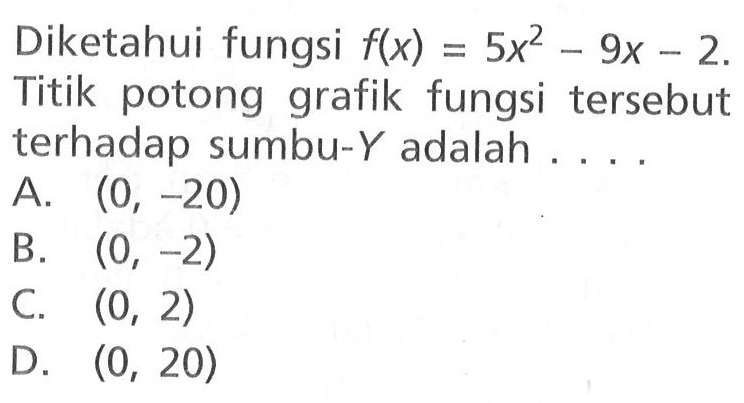 Diketahui fungsi f(x) = 5x^2 - 9x - 2. Titik potong grafik fungsi tersebut terhadap sumbu-Y adalah . . . . A. (0,-20) B. (0,-2) C. (0,2) D. (0,20)