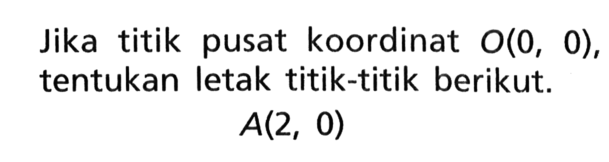 Jika titik pusat koordinat 0(0, 0), tentukan letak titik-titik berikut. A(2, 0)