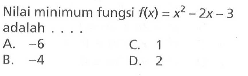 Nilai minimum fungsi f(x)=x^2-2x-3 adalah .... 