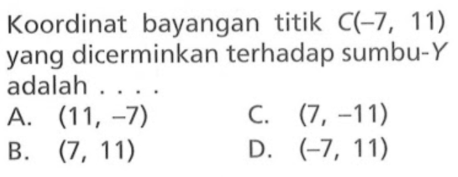 Koordinat bayangan titik C(-7,11) yang dicerminkan terhadap sumbu-Y adalah .... 