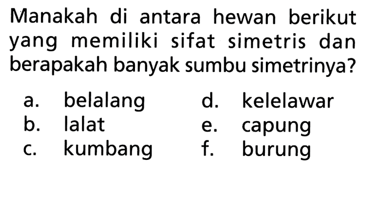 Manakah di antara hewan berikut yang memiliki sifat simetris dan berapakah banyak sumbu simetrinya? a. belalang b. lalat c. kumbang d. kelelawar e. capung f. burung