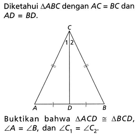 Diketahui  segitiga ABC  dengan  AC=BC  dan  AD=BD 
Buktikan bahwa  segitiga ACD kongruen segitiga BCD, sudut A=sudut B, dan  sudut C1=sudut C2.