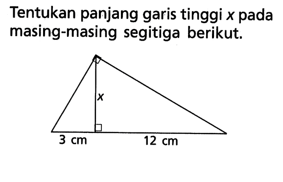 Tentukan panjang garis tinggi x pada masing-masing segitiga berikut.panjang alas 3 cm dan 12 cm