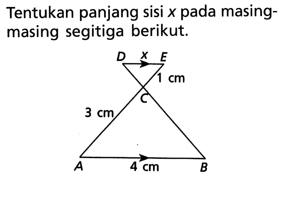 Tentukan panjang sisi x pada masingmasing segitiga berikut. D x E 1 cm C 3 cm A 4 cm B 