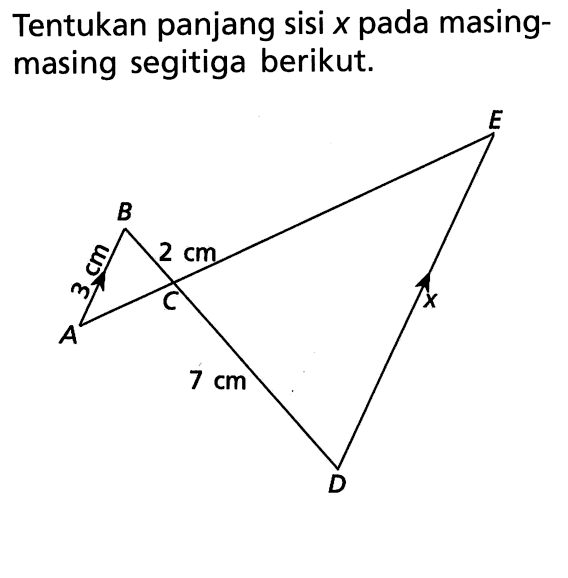 Tentukan panjang sisi x pada masing-masing segitiga berikut. B 3 cm A 2 cm C 7 cm D x E