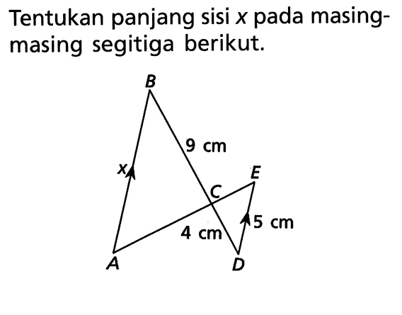 Tentukan panjang sisi x pada masingmasing segitiga berikut. ABCDE 9 cm 5 cm 4 cm x