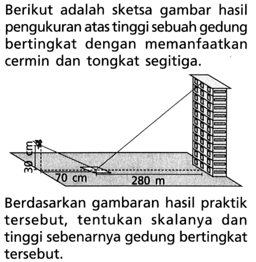 Berikut adalah sketsa gambar hasil pengukuran atas tinggi sebuah gedung bertingkat dengan memanfaatkan cermin dan tongkat segitiga.

Berdasarkan gambaran hasil praktik tersebut, tentukan skalanya dan tinggi sebenarnya gedung bertingkat tersebut.