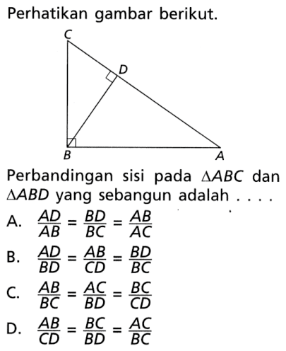 Perhatikan gambar berikut.
Perbandingan sisi pada  segitiga ABC dan  segitiga ABD  yang sebangun adalah ...
