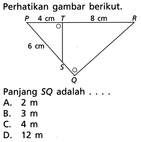 Perhatikan gambar berikut.Panjang SQ adalah ... .A.  2 m B.  3 m C.  4 m D.  12 m 