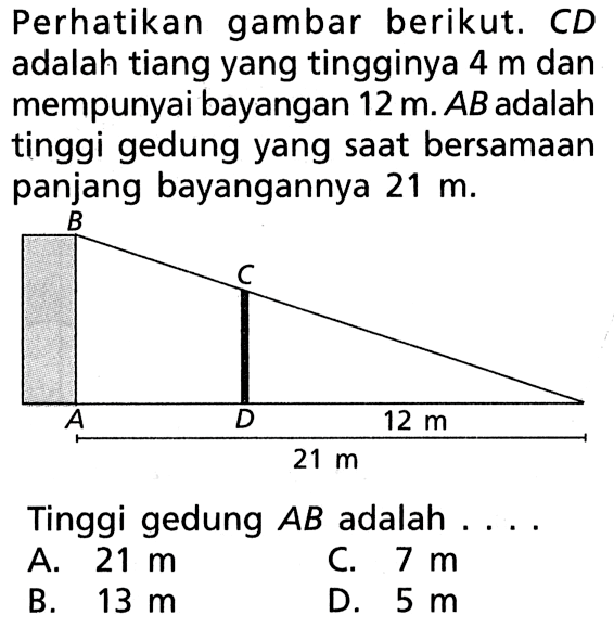 Perhatikan gambar berikut.  CD  adalah tiang yang tingginya  4 m  dan mempunyai bayangan  12 m . AB  adalah tinggi gedung yang saat bersamaan panjang bayangannya  21 m . B C A D 12m 21m. Tinggi gedung  AB  adalah ... . 