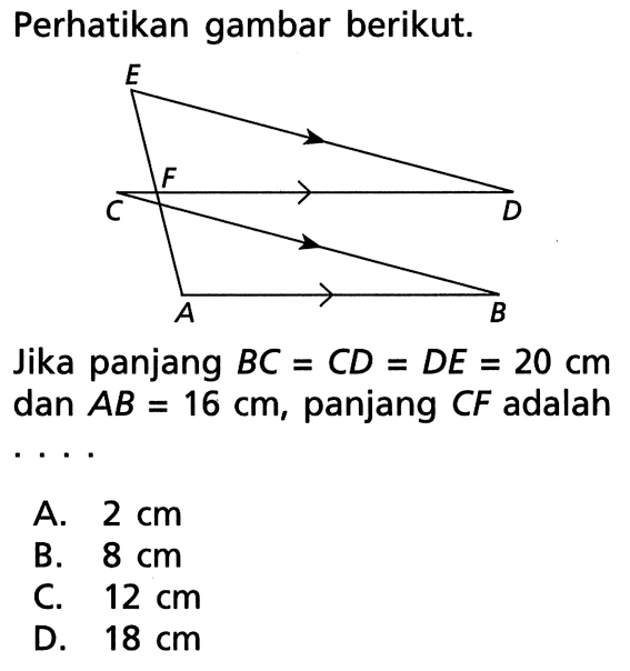 Perhatikan gambar berikut. Jika panjang BC=CD=DE=20 cm dan AB=16 cm, panjang CF adalah .... 