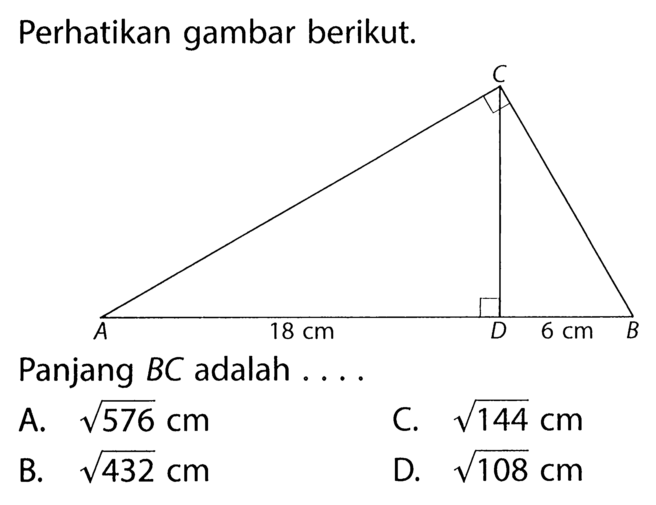 Perhatikan gambar berikut. Panjang BC adalah.... C A 18 cm D 6 cm B