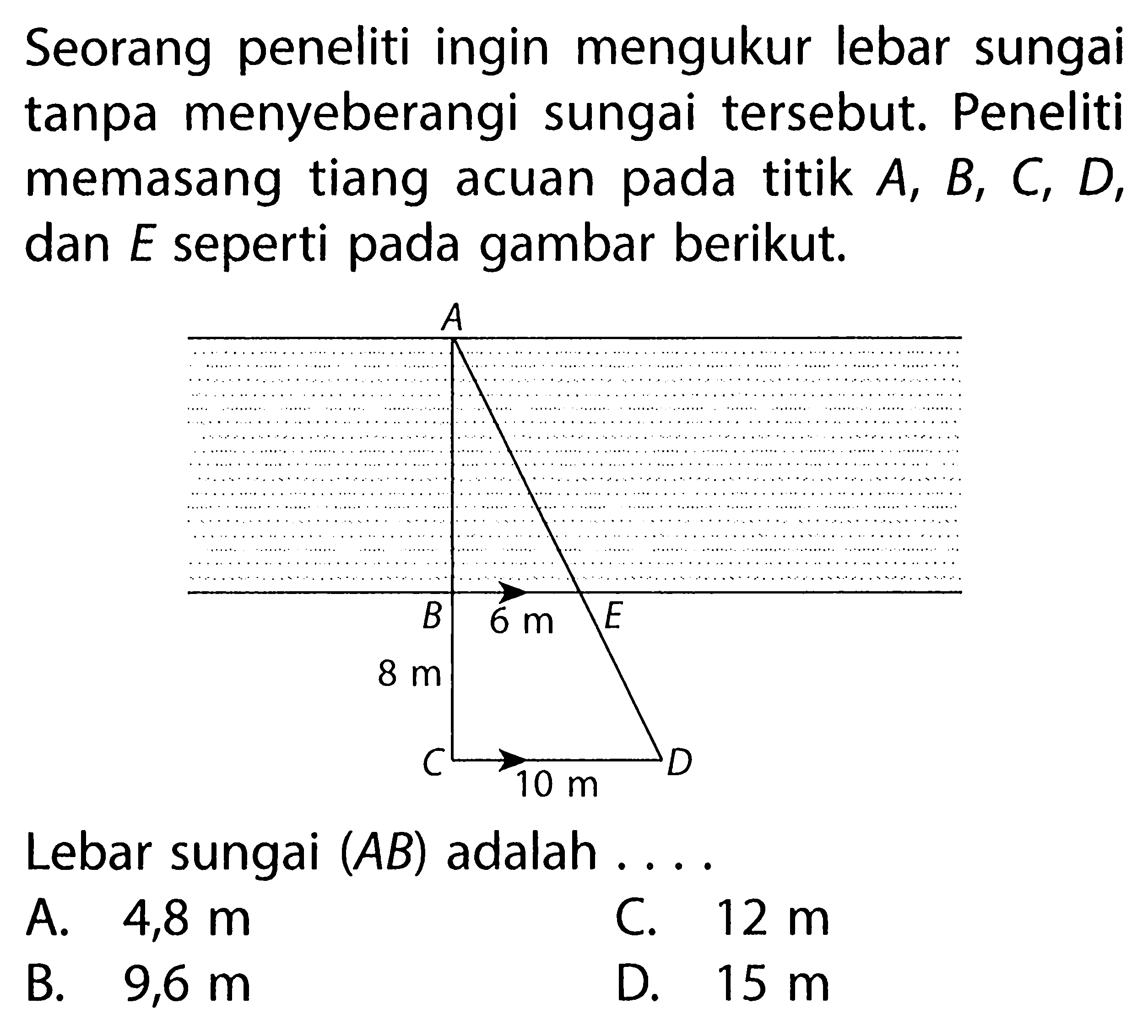 Seorang peneliti ingin mengukur lebar sungai  tanpa menyeberangi sungai  tersebut. Peneliti memasang tiang acuan pada titik  A, B, C, D , dan  E  seperti pada gambar berikut.Lebar sungai  (AB)  adalah ....A.  4,8 m C.  12 m B.   9,6 m D.  15 m 