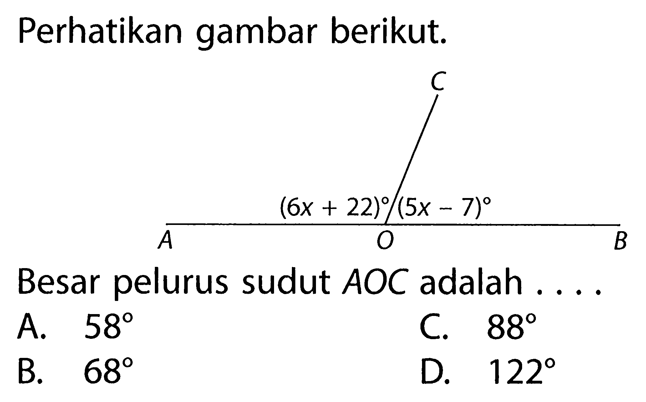 Perhatikan gambar berikut.Besar pelurus sudut  AOC  adalah  ... 