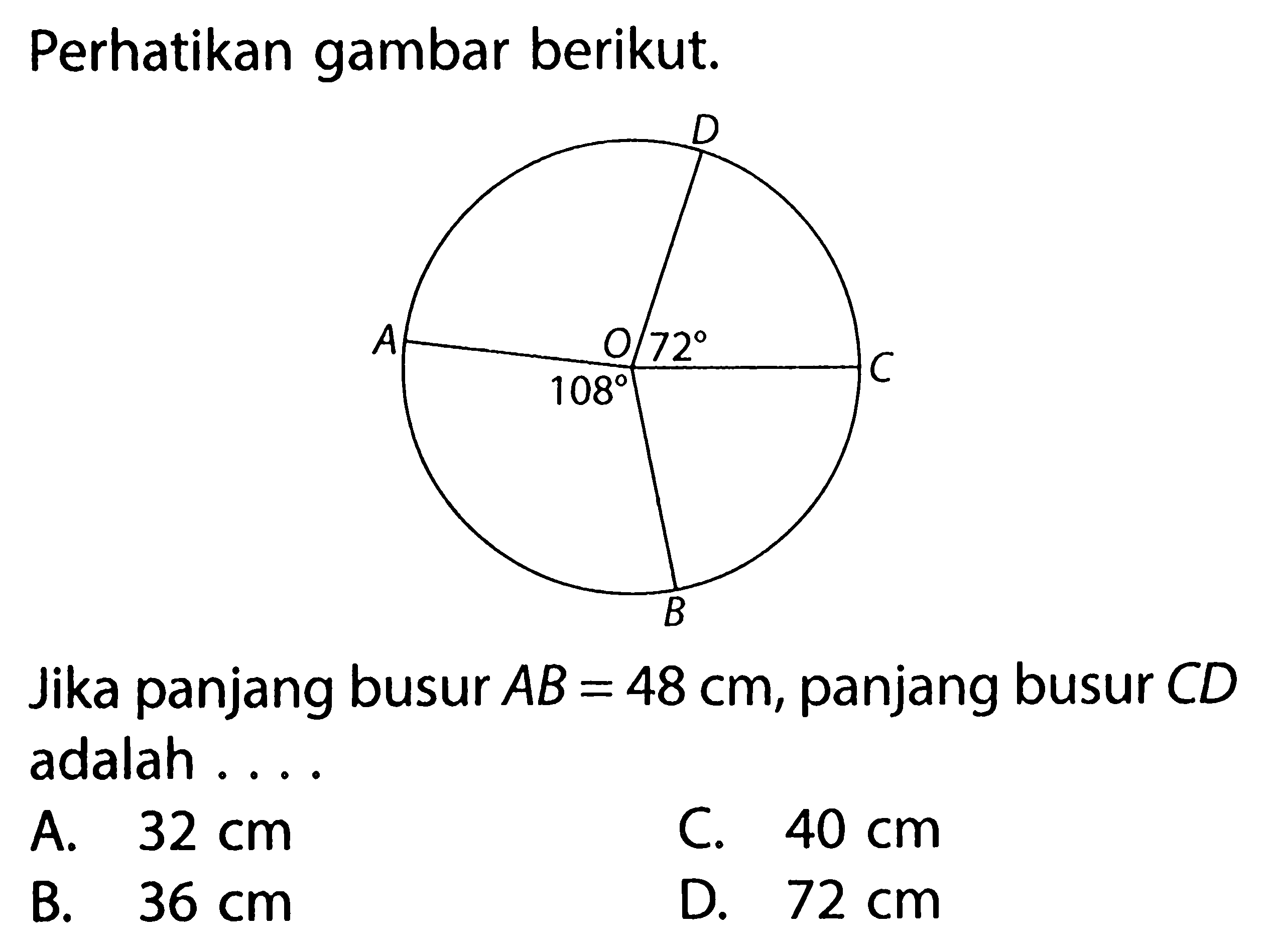 Perhatikan gambar berikut.Jika panjang busur AB=48 cm, panjang busur CD adalah ....