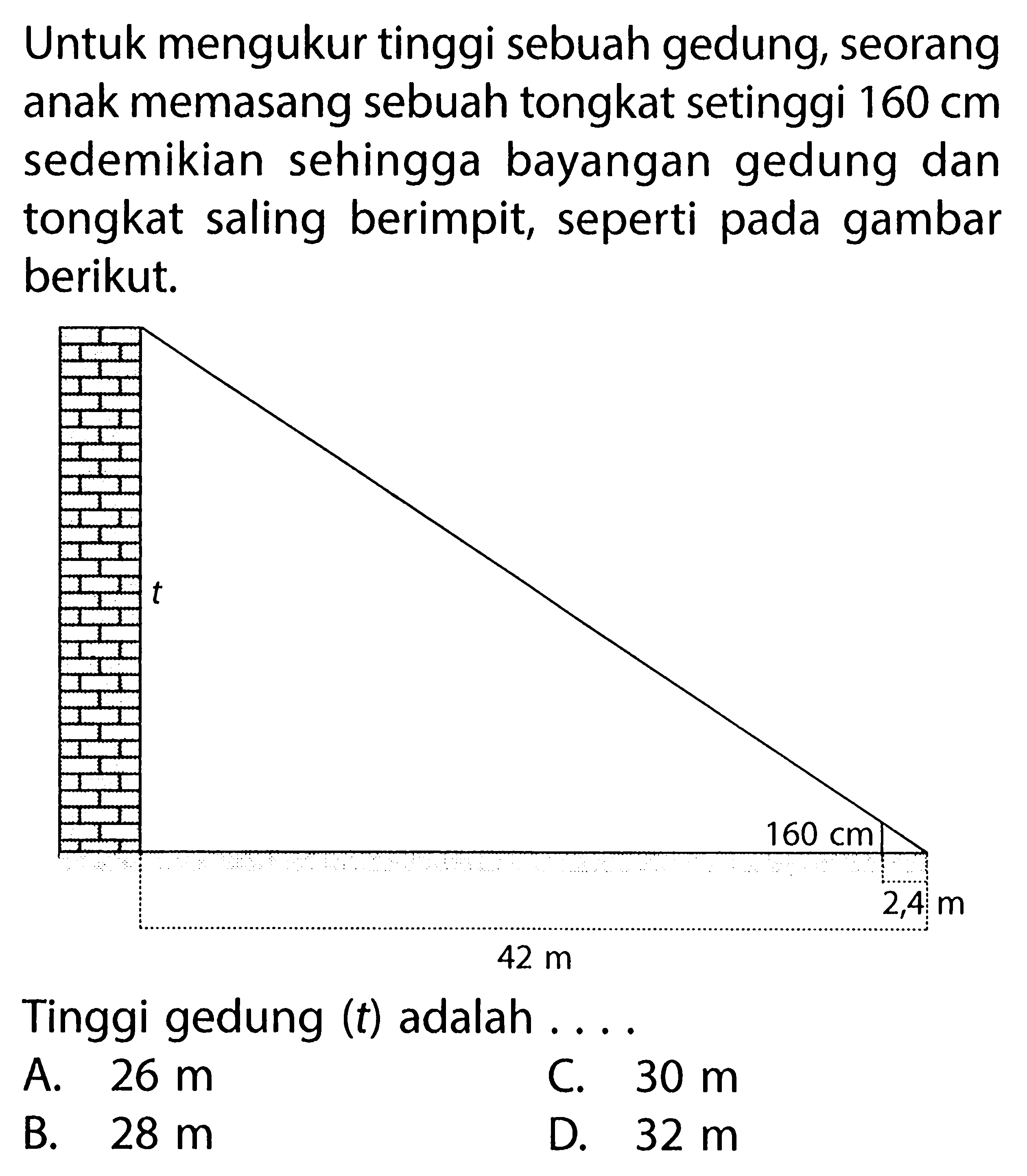 Untuk mengukur tinggi sebuah gedung, seorang anak memasang sebuah tongkat setinggi 160 cm  sedemikian sehingga bayangan gedung dan tongkat saling berimpit, seperti pada gambar berikut. t 160 cm 2,4 m 42 mTinggi gedung (t)  adalah ....