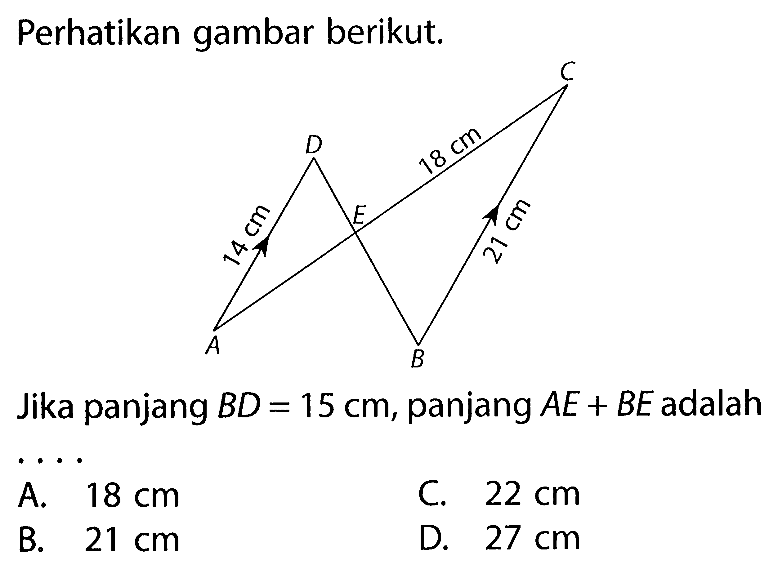 Perhatikan gambar berikut. C D 18 cm 14 cm E 21 cm A B Jika panjang BD=15 cm, panjang AE+BE adalah .... A. 18 cm B. 21 cm C. 22 cm D. 27 cm 