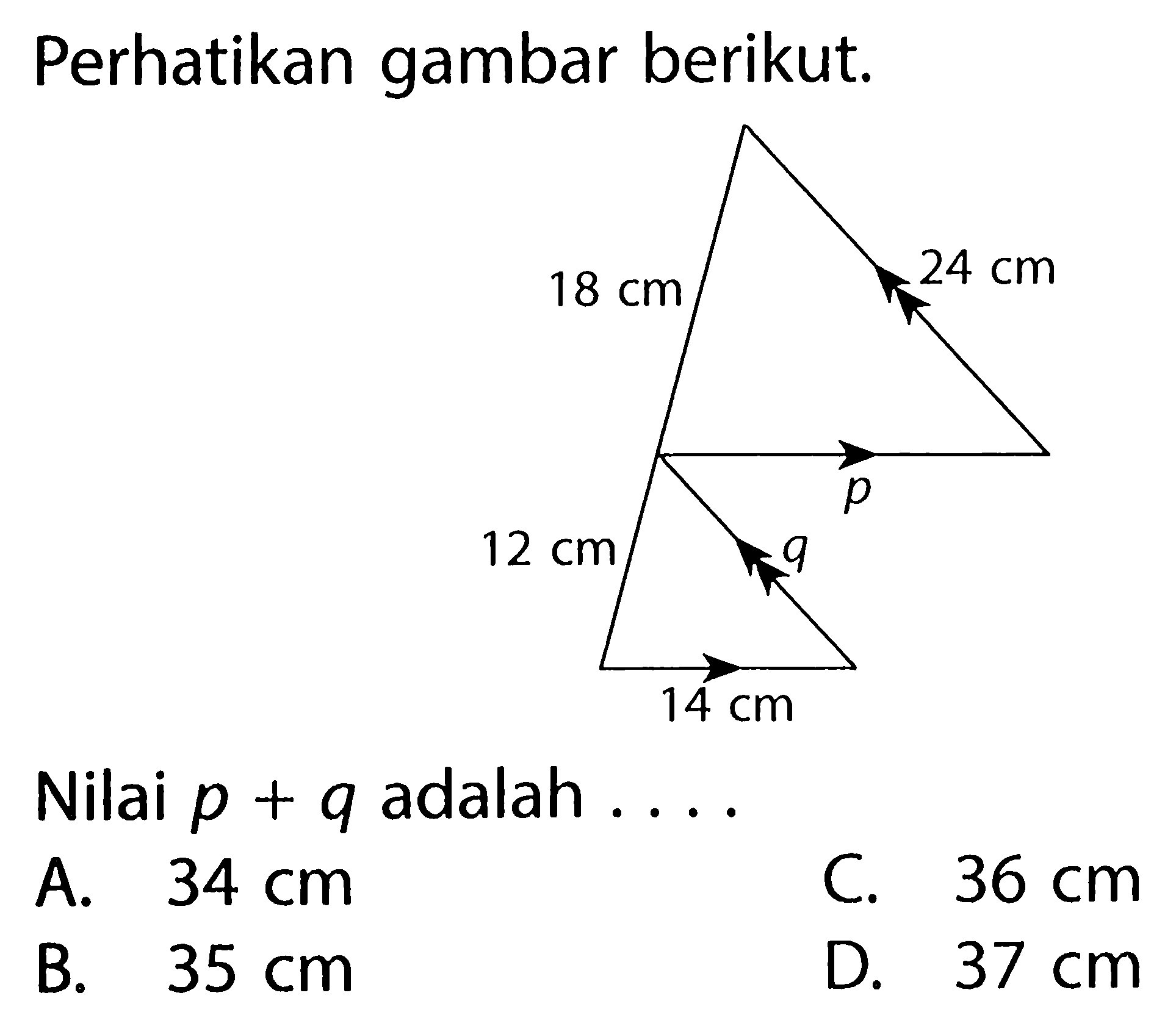 Perhatikan gambar berikut. 18 cm 24 cm p 12 cm q 14 cm Nilai  p+q  adalah .... A. 34 cm B. 35 cm C. 36 cm D. 37 cm 