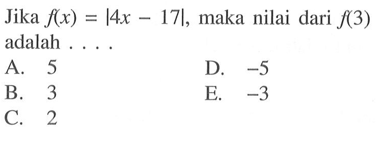 Jika f(x) = |4x-17|, maka nilai dari f(3) adalah....