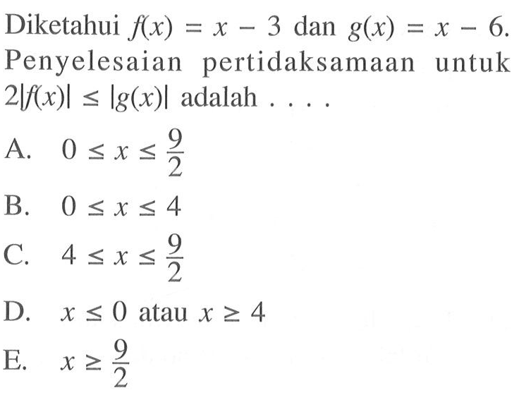 Diketahui f(x)=x-3 dan g(x)=x-6. Penyelesaian pertidaksamaan untuk 2|f(x)|<=|g(x)| adalah ....