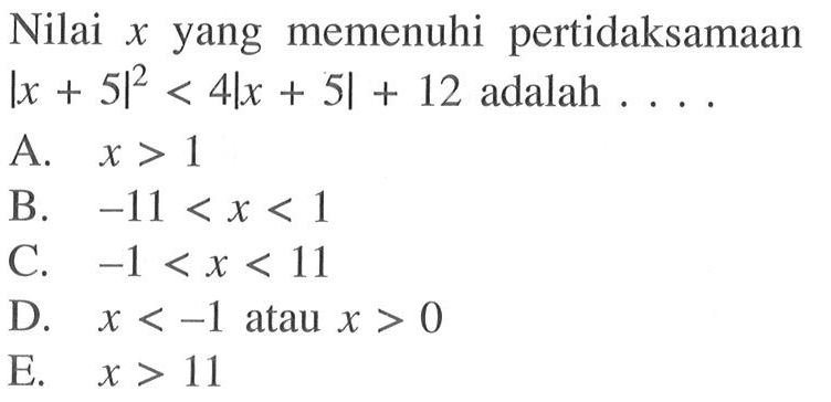 Nilai x yang memenuhi pertidaksamaan |x+5|^2<4|x+5|+12 adalah . . . .