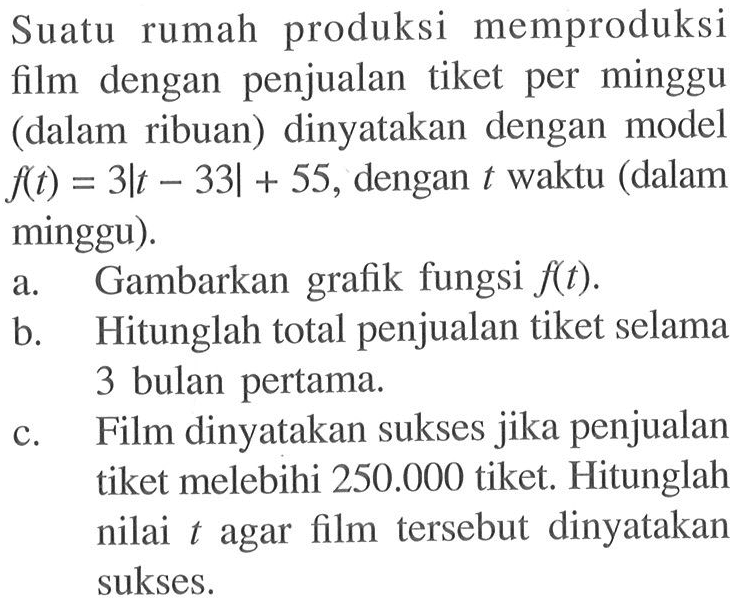 Suatu rumah produksi memproduksi film dengan penjualan tiket per minggu (dalam ribuan) dinyatakan dengan model f(t)=3|t-33|+55, dengan t waktu (dalam minggu). a. Gambarkan grafik fungsi f(t). b. Hitunglah total penjualan tiket selama 3 bulan pertama. c. Film dinyatakan sukses jika penjualan tiket melebihi 250.000 tiket. Hitunglah nilai t agar film tersebut dinyatakan sukses.