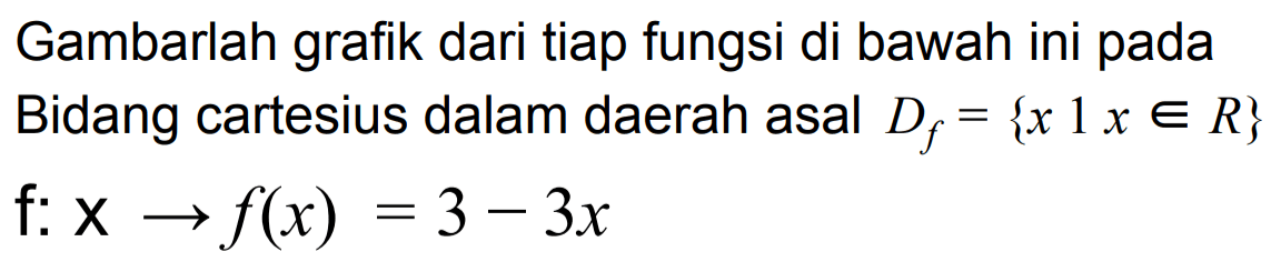 Gambarlah grafik dari tiap fungsi di bawah ini pada Bidang cartesius dalam daerah asal Df = {x 1 x e R} f: x -> f(x) = 3 - 3x