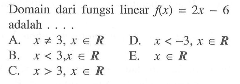 Domain dari fungsi linear f(x)=2x-6 adalah ....