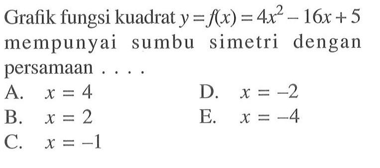 Grafik fungsi kuadrat  y=f(x)=4x^2-16x+5  mempunyai sumbu simetri dengan persamaan ... .