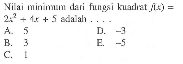 Nilai minimum dari fungsi kuadrat f(x)=2x^2+4x+5 adalah  .... 