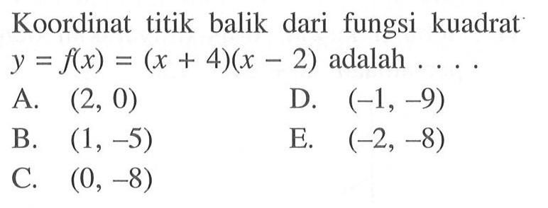 Koordinat titik balik dari fungsi kuadrat y=f(x)=(x+4)(x-2) adalah ...