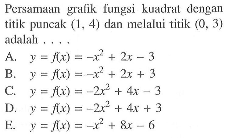 Persamaan grafik fungsi kuadrat dengan titik puncak (1,4) dan melalui titik (0,3) adalah ...